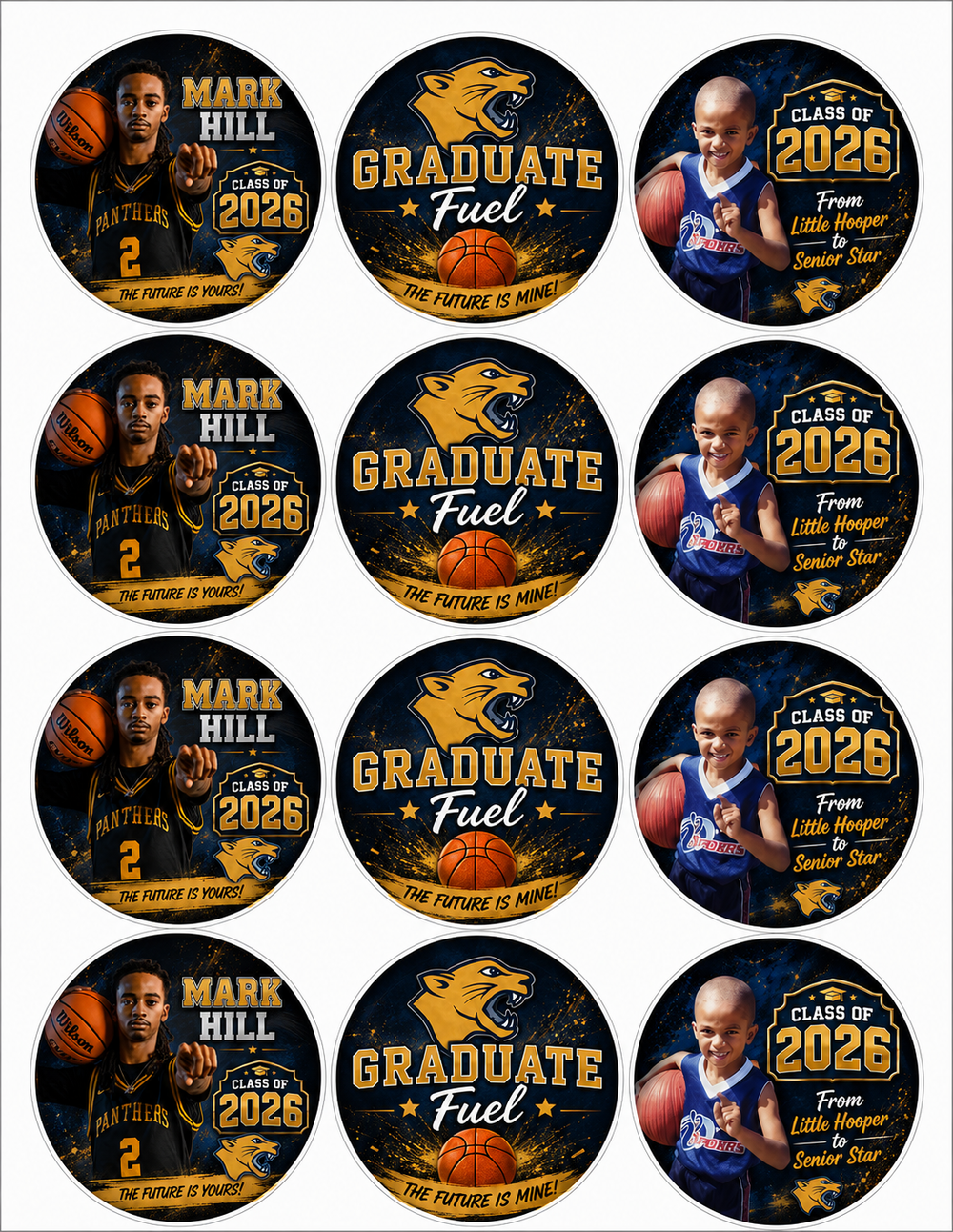 Collection of circular stickers featuring motivational phrases and images, including basketball-themed designs.

