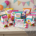 Colorful custom party favor bags and wrappers arranged on a table